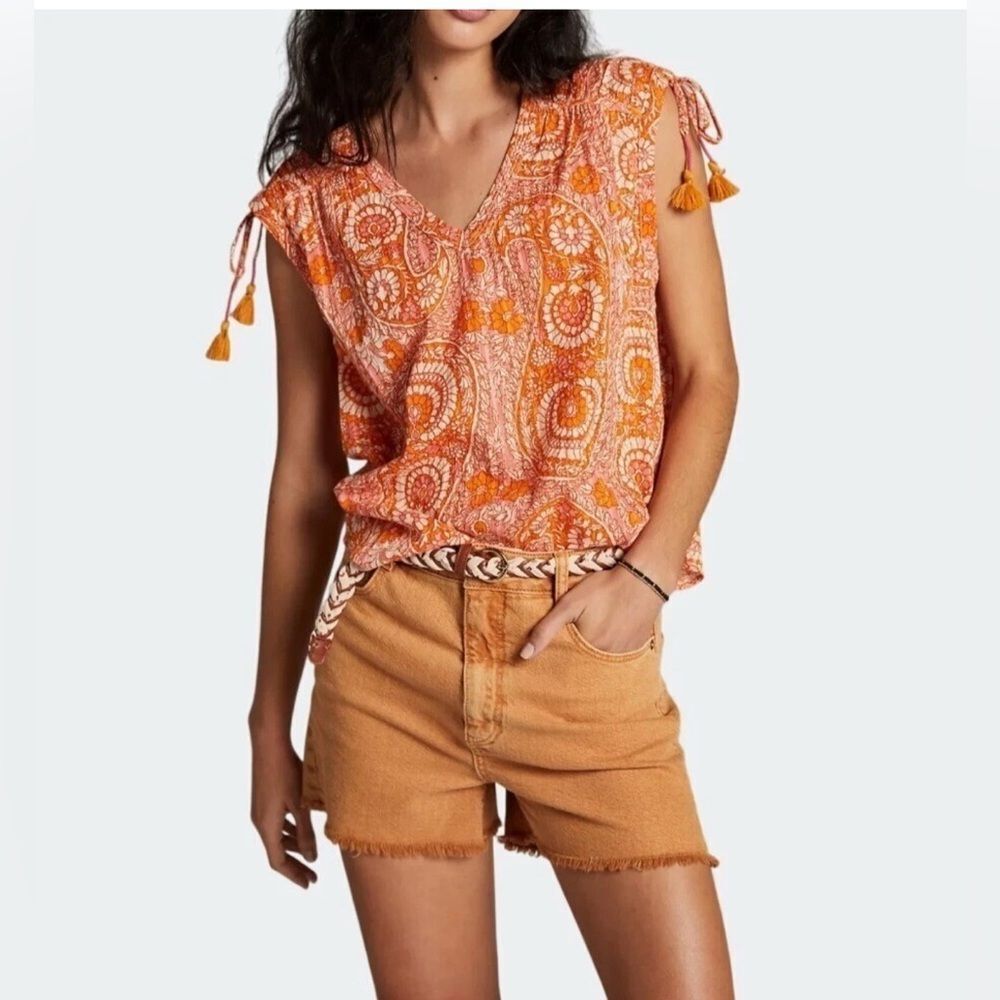 Anthropologie Terra Shirred Tie Shoulder Metallic Accent Sleeveless Blouse M